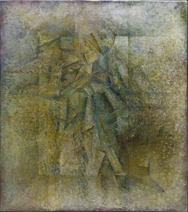 Ein abstraktes Gemälde in gedämpften Grün- und Gelbtönen.