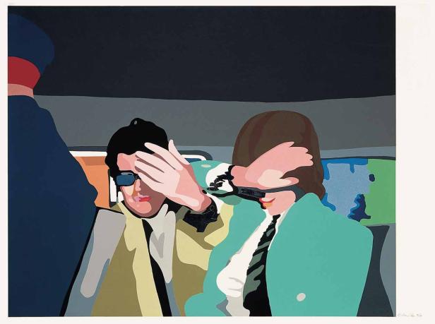 Ein Gemälde von zwei Personen, die ihre Augen mit den Händen bedecken.