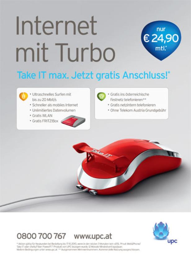 UPC-Kampagne/TakeITmax/Freie Digitale (c: freie digitale) Eine rote Computermaus mit einem Spoiler, der mit „Take IT“ beschriftet ist, bewirbt schnelles Internet.