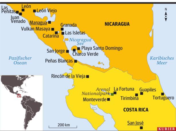 Eine Karte von Nicaragua und Costa Rica mit Städtenamen und geografischen Merkmalen.