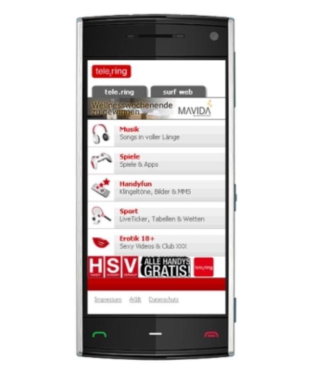 Mavida/Urlaubs-Promotion/Mobile Banner auf tele.ring-Portal/IQ mobile Ein Smartphone zeigt das Menü von „Tele.ring“ mit verschiedenen Optionen wie Musik, Spiele und Sport.