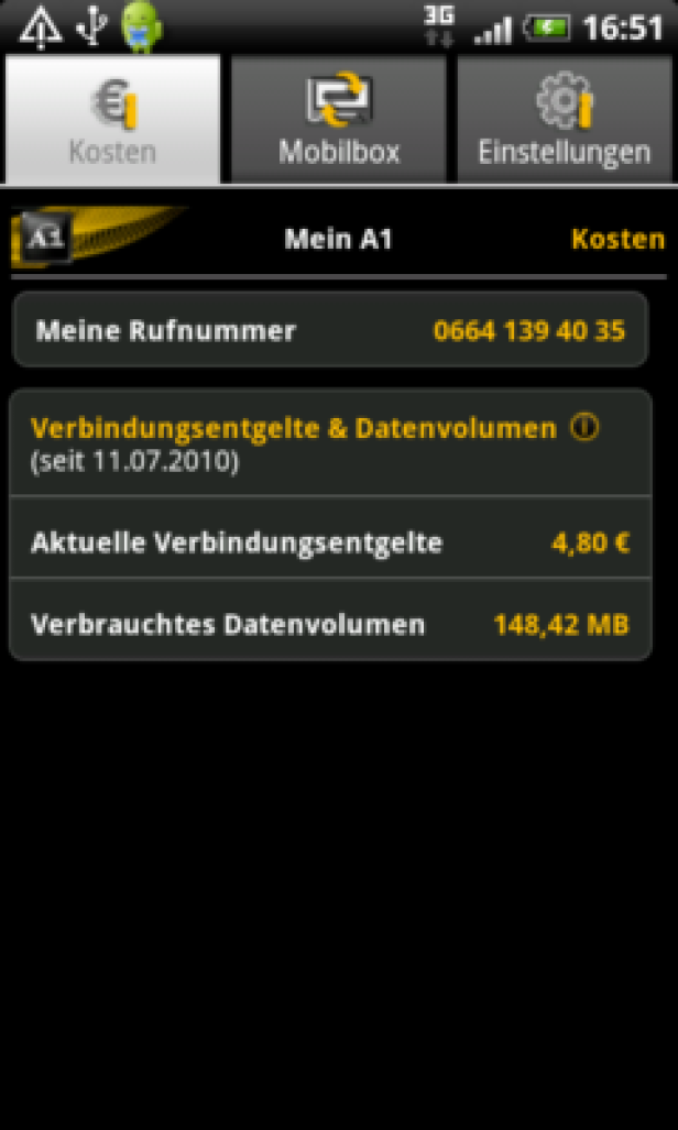 Ein Screenshot der A1-App, der die Kosten und das verbrauchte Datenvolumen anzeigt.