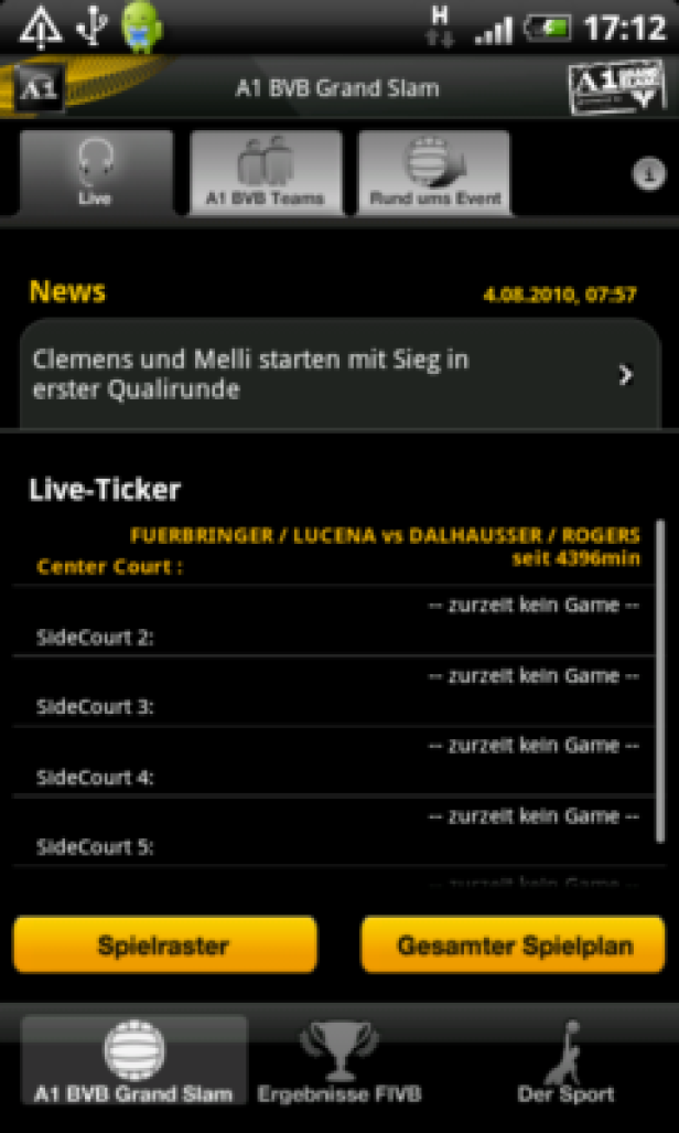 Screenshot einer App für das A1 BVB Grand Slam Turnier mit Live-Ticker-Informationen.