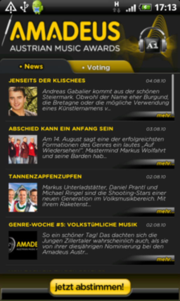 Ein Screenshot der Amadeus Austrian Music Awards App auf einem Smartphone.