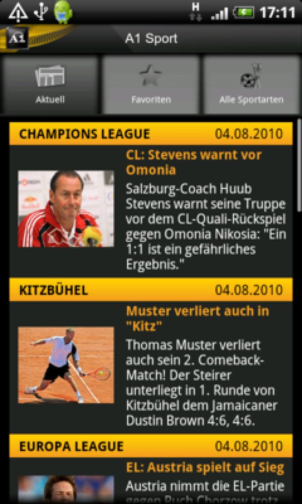 Ein Screenshot der A1 Sport App mit Nachrichten zu Champions League, Kitzbühel und Europa League.