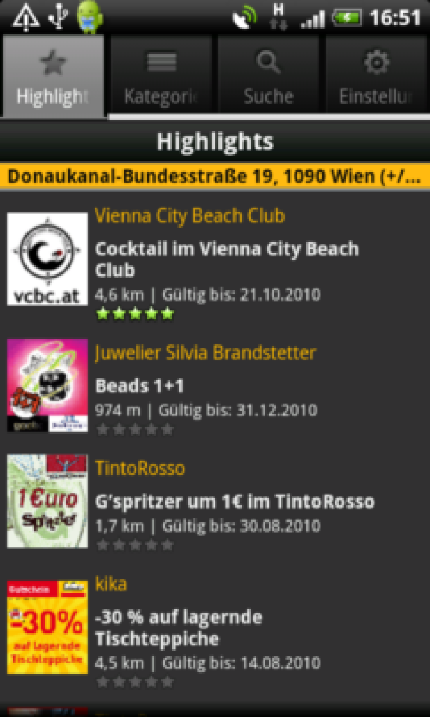 Ein Screenshot einer App mit Angeboten in Wien, darunter der Vienna City Beach Club und Juwelier Silvia Brandstetter.