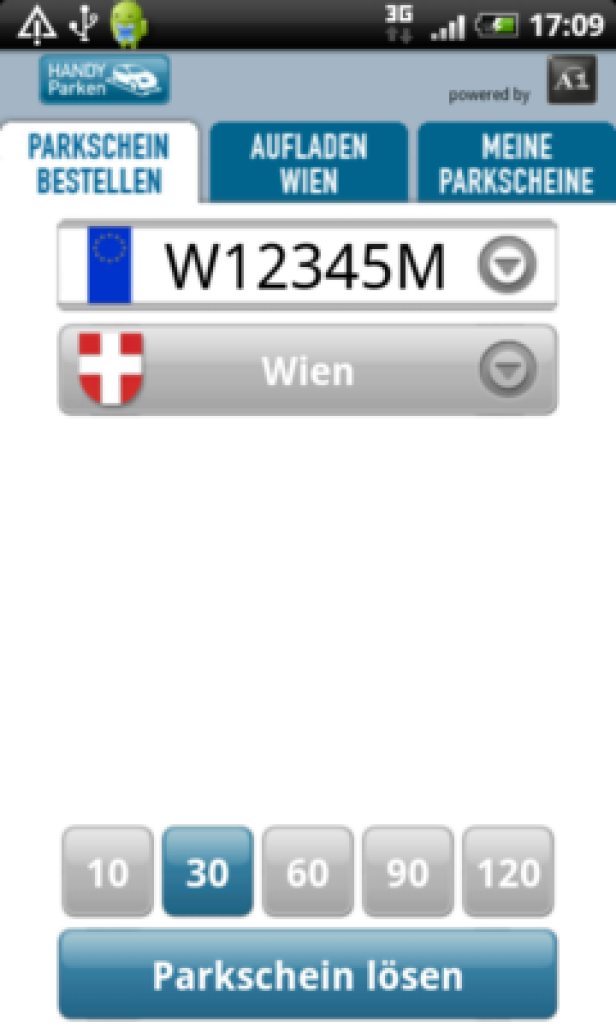 Ein Screenshot der Handy Parken App mit der Auswahl für ein 30-Minuten-Parkscheins in Wien.