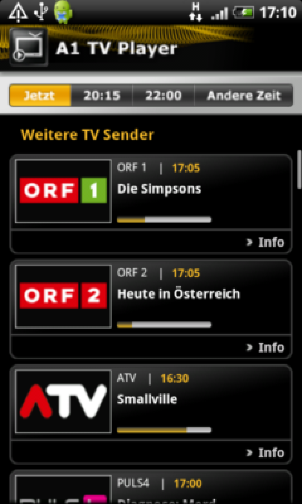 Ein Screenshot der A1 TV Player App mit einer Liste von Fernsehsendern und Programminformationen.