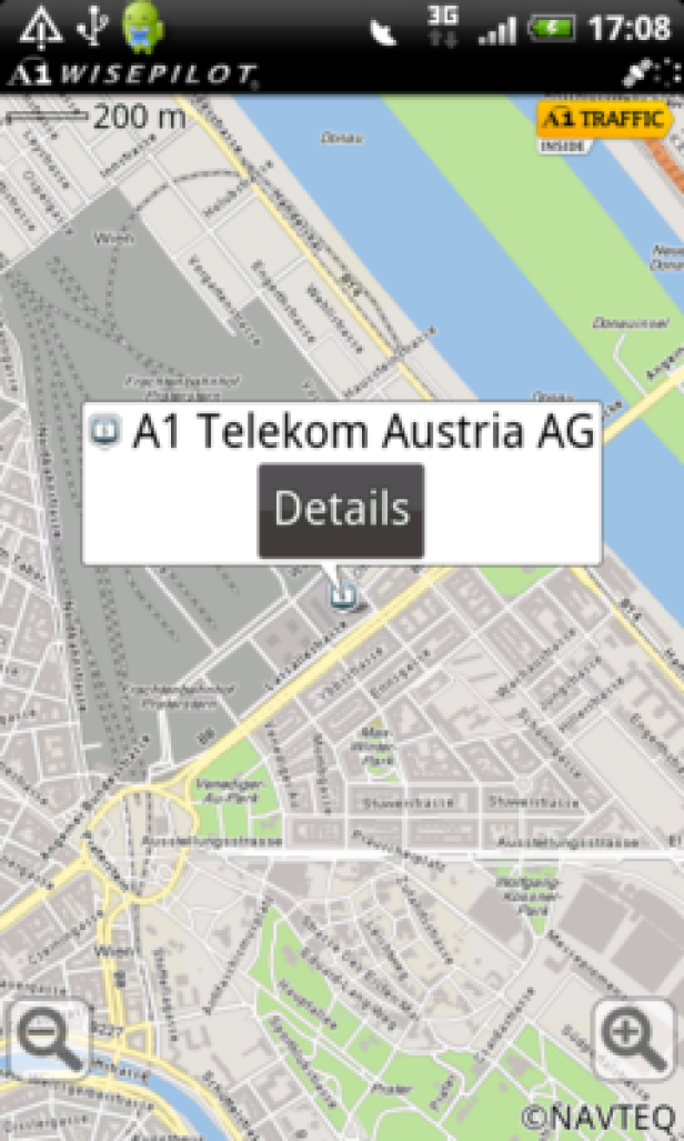 Ein Screenshot einer Navigations-App mit der Anzeige „A1 Telekom Austria AG“ auf einer Karte von Wien.