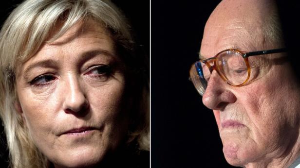 Ein Porträt von Marine Le Pen und Jean-Marie Le Pen nebeneinander.