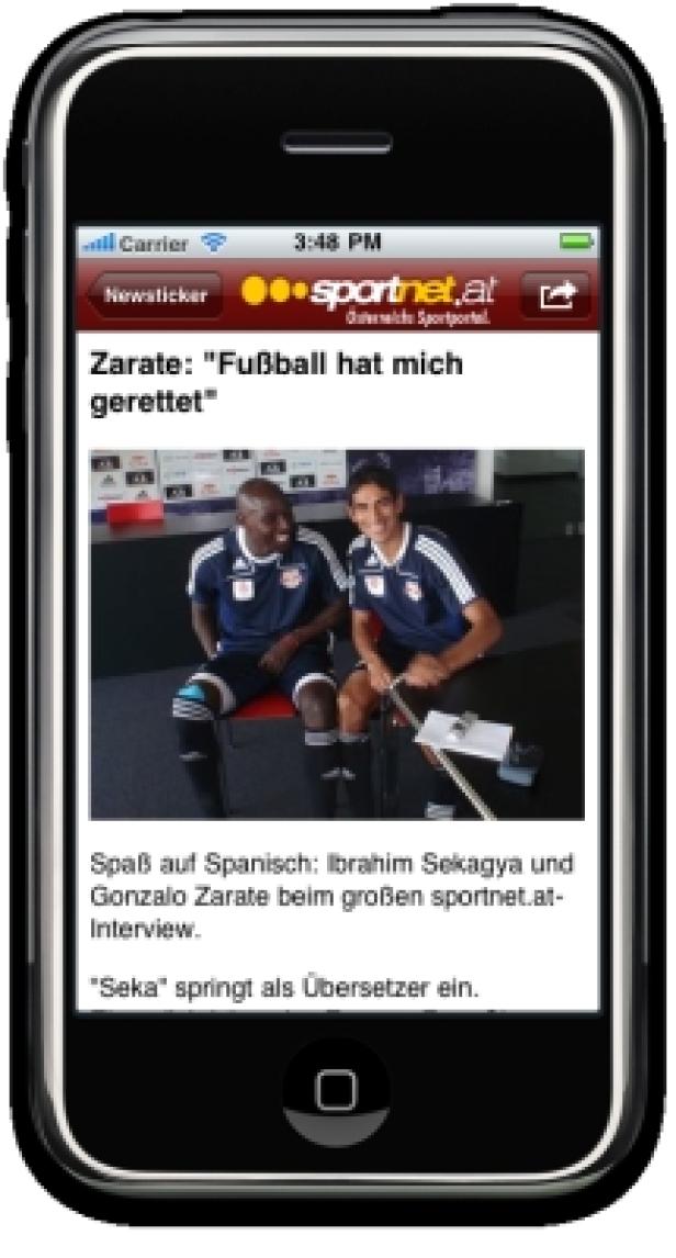 sportnet.at-iPhone-App Ein iPhone zeigt einen Artikel von sportnet.at mit Ibrahim Sekagya und Gonzalo Zarate.