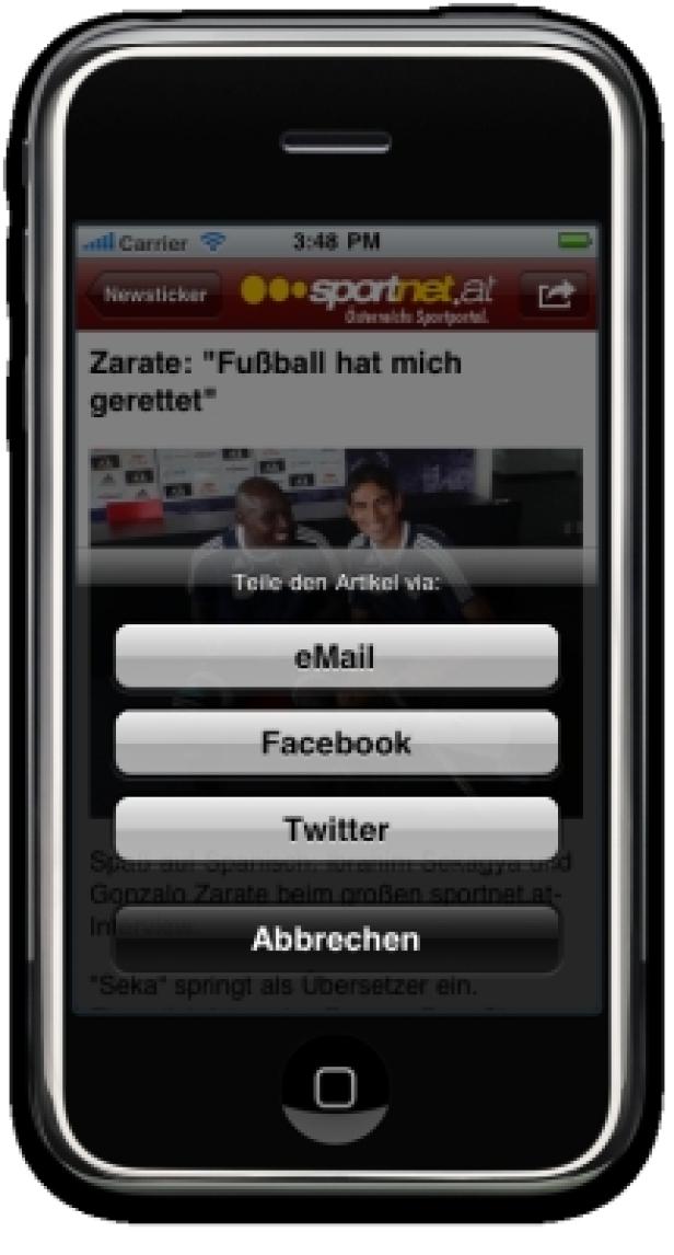 sportnet.at-iPhone-App Auf dem Bildschirm eines iPhones wird ein Artikel von sportnet.at mit der Überschrift „Zarate: Fußball hat mich gerettet“ angezeigt.