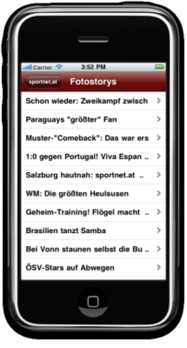 sportnet.at-iPhone-App Ein iPhone-Display zeigt eine Liste von Sportnachrichten auf Sportnet.at.