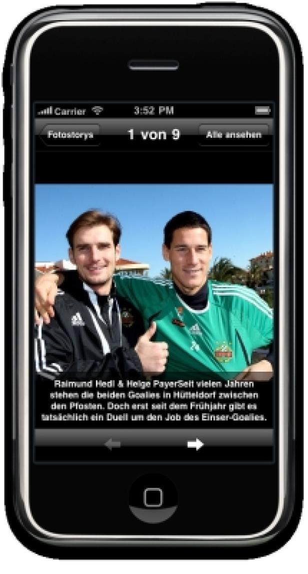 sportnet.at-iPhone-App Ein iPhone zeigt ein Foto von Raimund Hedl und Helge Payer, zwei Torhütern.