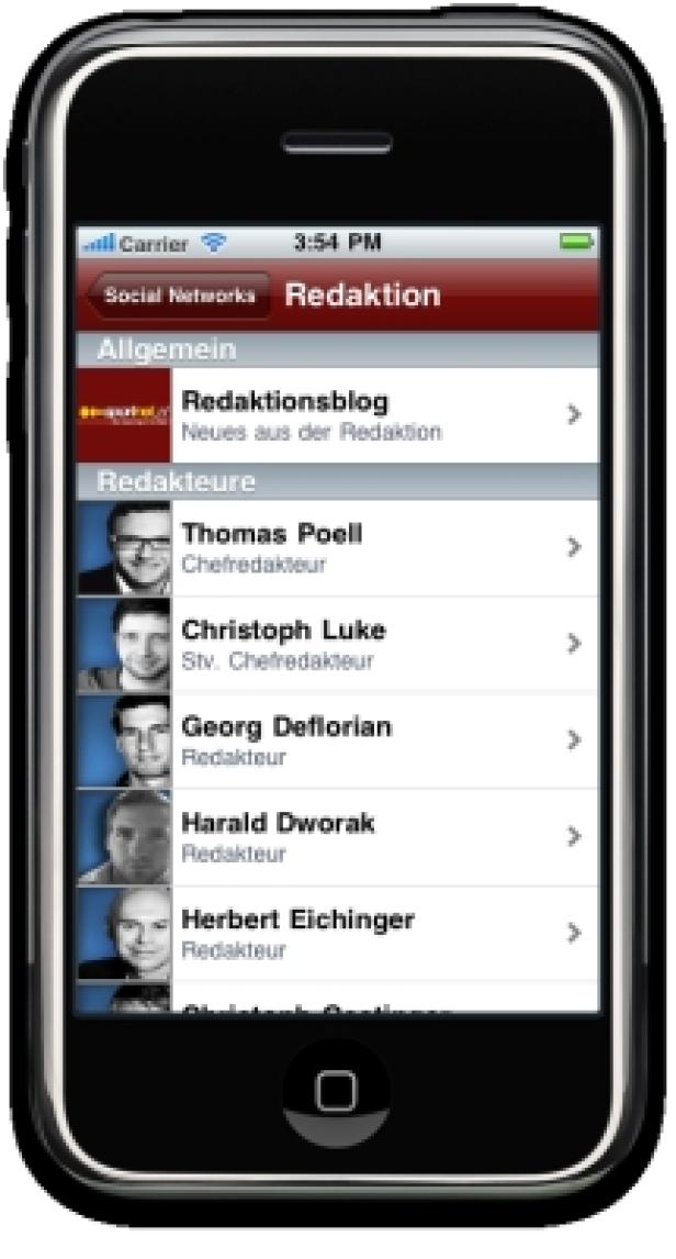 sportnet.at-iPhone-App Ein iPhone-Display zeigt eine Liste von Redakteuren mit ihren jeweiligen Positionen.