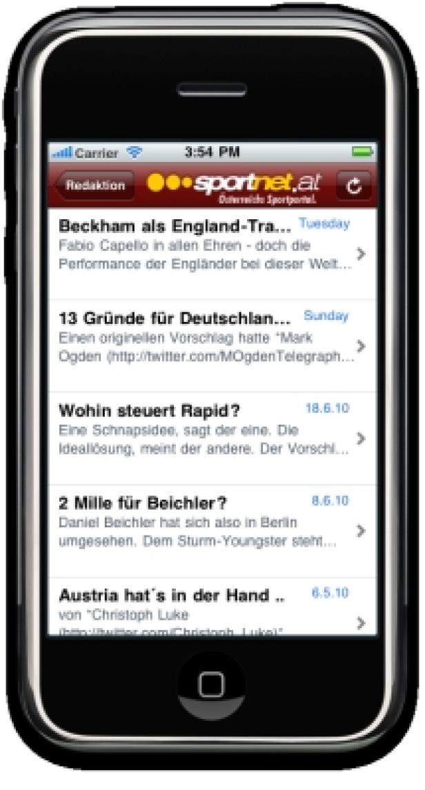sportnet.at-iPhone-App Ein iPhone-Display zeigt die Sportnet.at-Nachrichten-App.