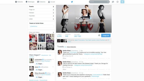 Ein Twitter-Profil von Karlie Kloss mit verschiedenen Fotos und Tweets.