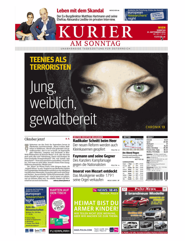 Titelseite der Zeitung „Kurier am Sonntag“ vom 21. September 2014.