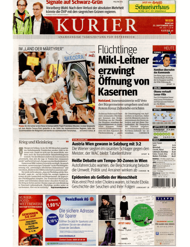 Titelseite des Kurier vom 22. September 2014.