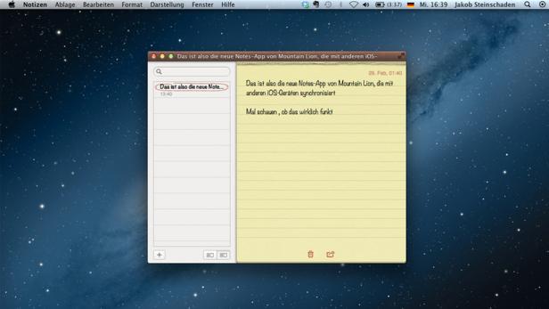 Die Notizen-App von Mountain Lion auf einem Computerbildschirm.