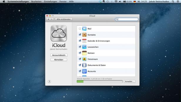 Das iCloud-Fenster auf einem Mac-Computer zeigt verschiedene synchronisierte Dienste wie Mail und Kontakte.