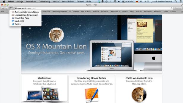 Ein Screenshot der Apple-Website, die für OS X Mountain Lion und andere Produkte wirbt.