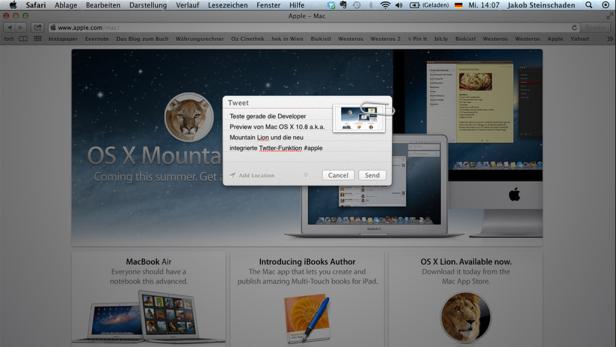 Screenshot von der Apple-Website, die OS X Mountain Lion und die neue Twitter-Funktion zeigt.