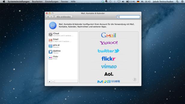 Das Fenster „Mail, Kontakte & Kalender“ auf einem Mac zeigt verschiedene E-Mail- und Social-Media-Dienste wie Gmail, Yahoo, Twitter, Flickr und AOL.