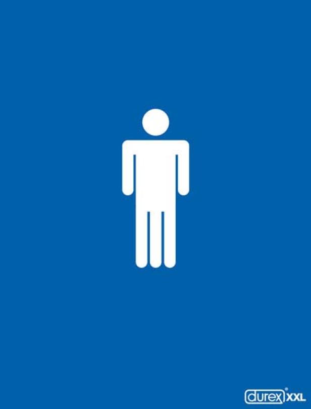 Ein stilisierter Mann auf blauem Hintergrund, Werbung für Durex XXL.