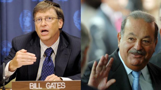 Ein Doppelporträt von Bill Gates und Carlos Slim.