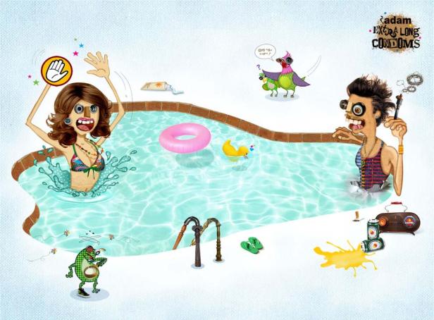 Eine Frau und ein Mann sind in einem Pool mit einem Frosch und einem Vogel.