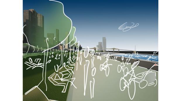 Eine skizzenhafte Darstellung einer Uferpromenade mit Menschen, Fahrrädern und einer Stadt im Hintergrund.