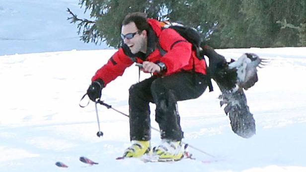 Ein Mann mit Skiern und Schneeschuhen auf dem Rücken fährt Ski im Schnee.