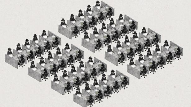 Viele identisch gekleidete Personen sitzen in einem Großraumbüro an Computern.