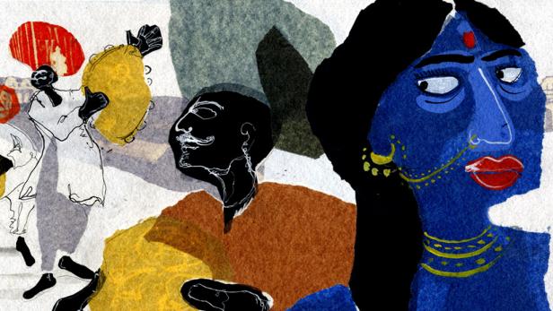 Eine stilisierte Darstellung von Menschen mit traditioneller Kleidung und Musikinstrumenten.