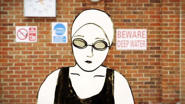Eine stilisierte Zeichnung einer Schwimmerin mit Badekappe und Schwimmbrille vor einer Backsteinmauer mit Warnschildern.