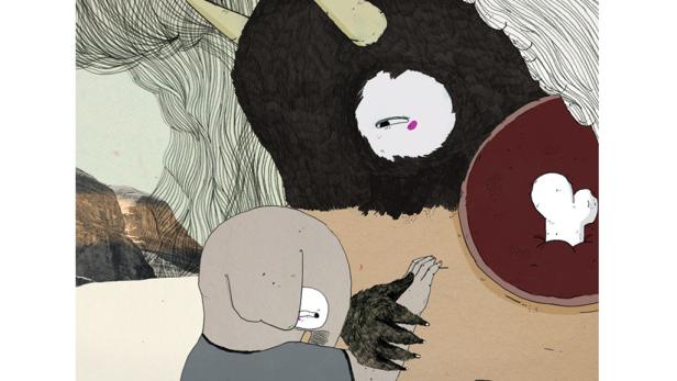 Eine stilisierte Illustration zeigt eine Begegnung zwischen zwei seltsamen Kreaturen in einer surrealen Landschaft.