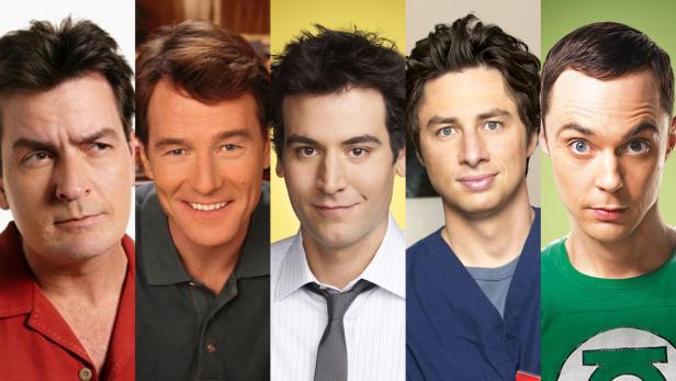 Ein Mosaik aus Porträts von Charlie Sheen, Bryan Cranston, Josh Radnor, Zach Braff und Jim Parsons.