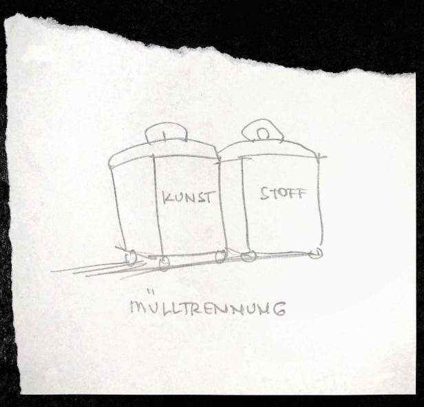 Eine Skizze zeigt zwei Mülltonnen mit der Aufschrift „Kunst“ und „Stoff“ für die Mülltrennung.