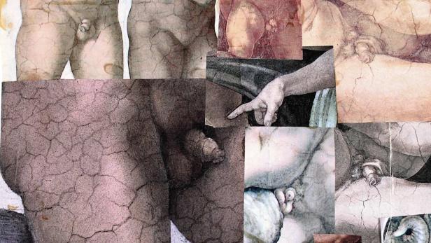 Eine Collage von Details männlicher Akte, möglicherweise aus Renaissance-Gemälden.