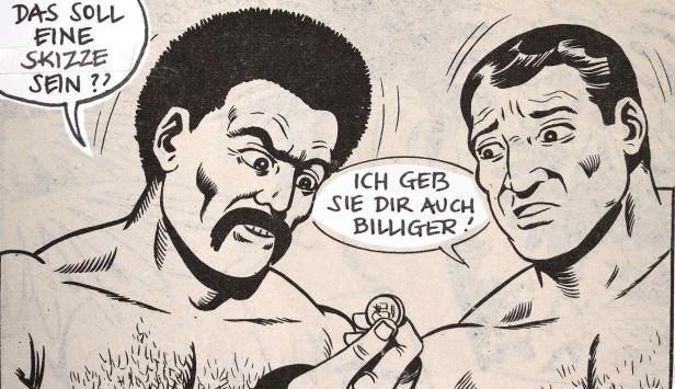 Zwei Männer in einer Comiczeichnung, einer bietet eine Skizze billiger an.