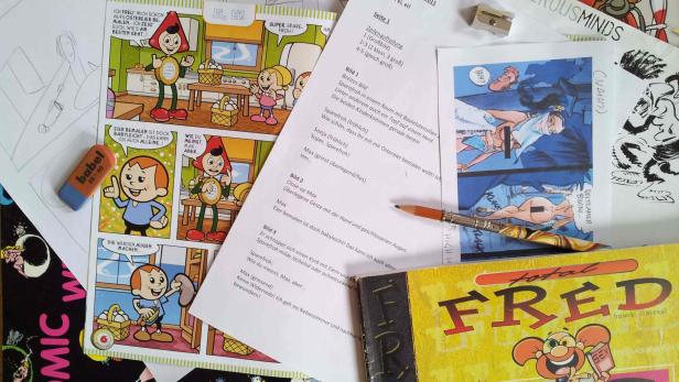 Ein Comic-Ausschnitt mit der Figur Sparefroh und Kindern beim Ostereier bemalen.