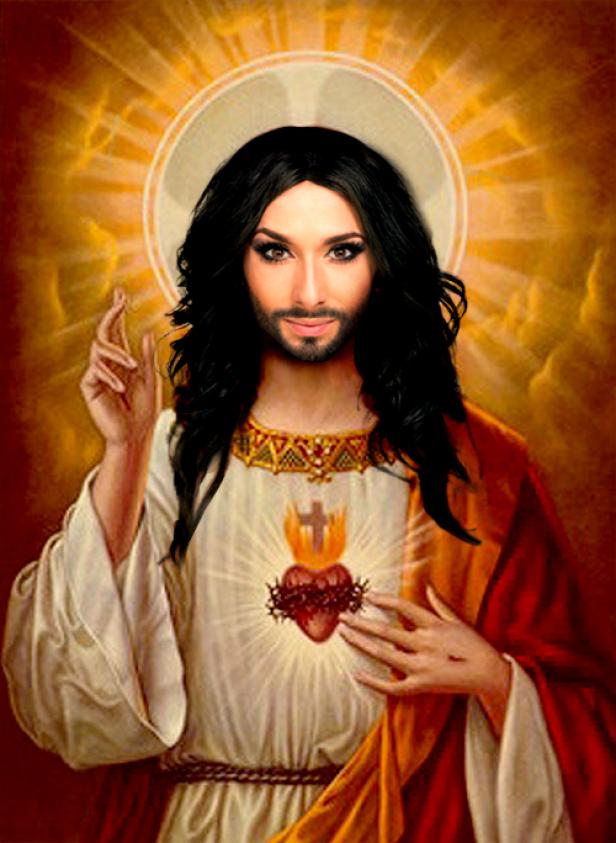 Ein Porträt von Jesus mit dem Gesicht von Conchita Wurst.