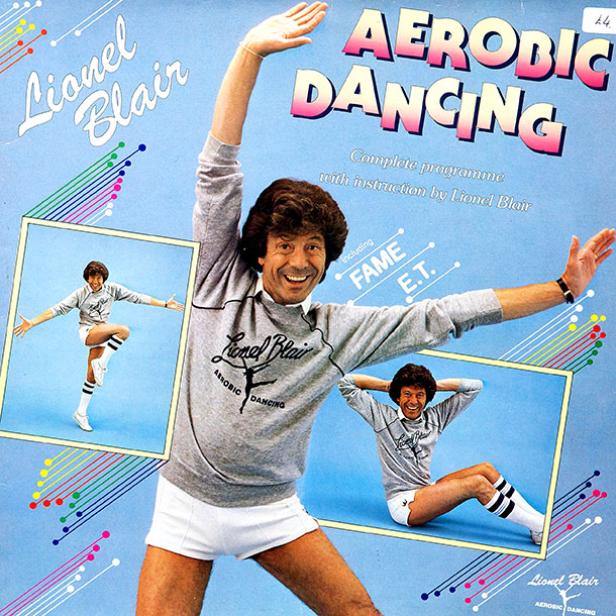 Das Cover von Lionel Blairs „Aerobic Dancing“-Programm mit dem Entertainer in Sportkleidung.