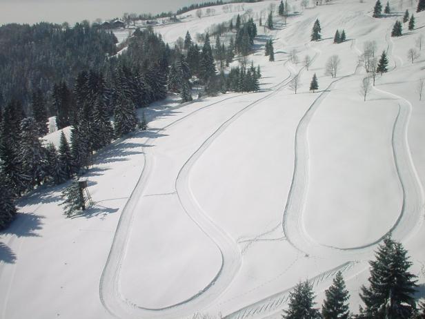 Eine verschneite Landschaft mit Loipen und einem Hochsitz am Waldrand.