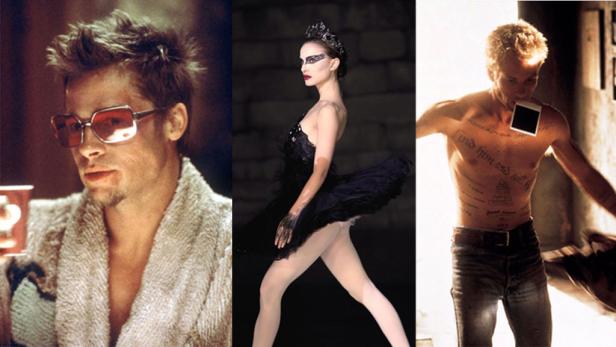 Ein Triptychon mit Brad Pitt aus „Fight Club“, Natalie Portman aus „Black Swan“ und Guy Pearce aus „Memento“.