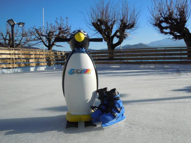 Ein Pinguin-Eislaufhilfe steht neben einem Paar blauer Schlittschuhe auf einer Eisbahn.
