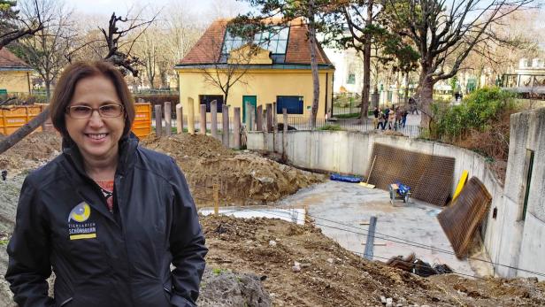 Eine Frau steht vor einer Baustelle im Tiergarten Schönbrunn.