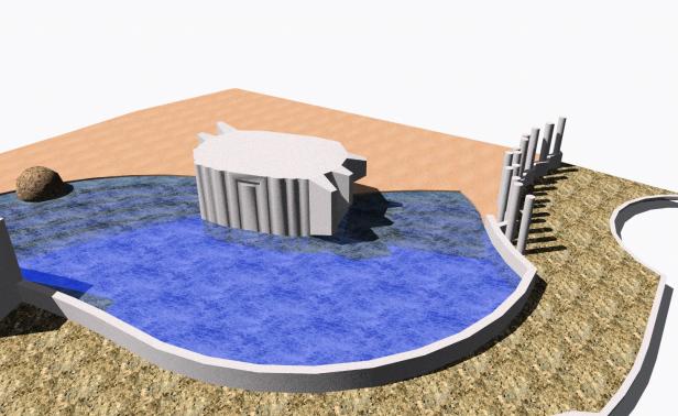 Eine stilisierte Darstellung eines Gartens mit Wasser, einem Felsen und einer kleinen Struktur.