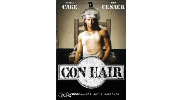 Das Filmplakat für „Con Hair“ zeigt Nicolas Cage auf einem elektrischen Stuhl.